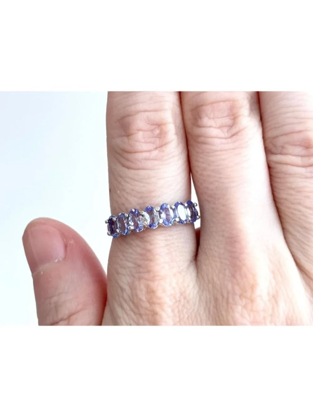 Tanzanite Gemstone Oval Cut Row Set Sterling Silver 925 Vintage Ring - sz 10
